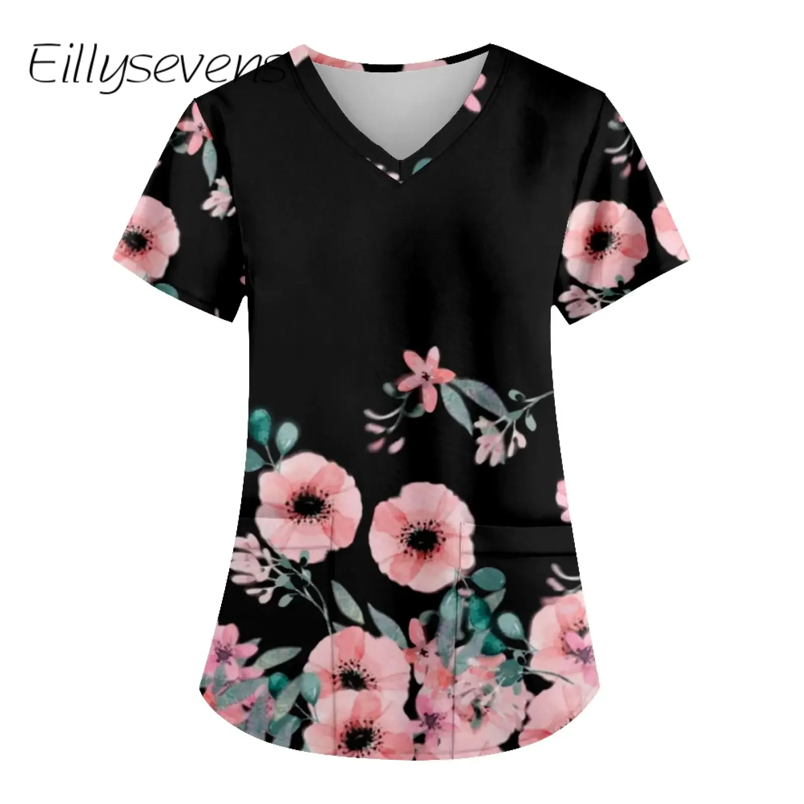 

Women'S Nurse Uniforms Fashionable Floral Printed V-Neck Work Uniform With Pockets Tee Shirt Short Sleeve Top 2024 Summer