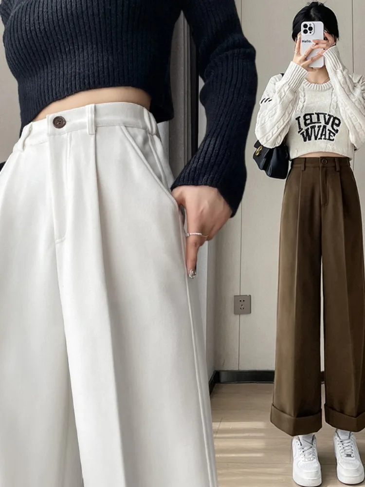 Wide Leg Pants Women's Autumn Casual Loose Fitting High Waisted Straight Suit Pants, Curled Hem Thick Winter Pants