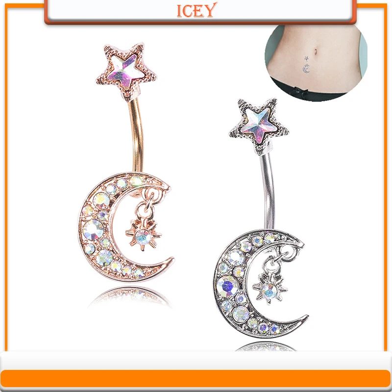 1pc moon belly ring Star navel stud rhinestones belly navel jewelry inlaid crystal belly button