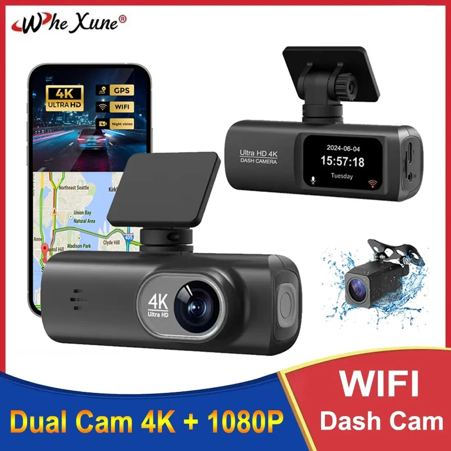 UHD 4K داش كام للسيارات كاميرا أمامية وخلفية واي ف...