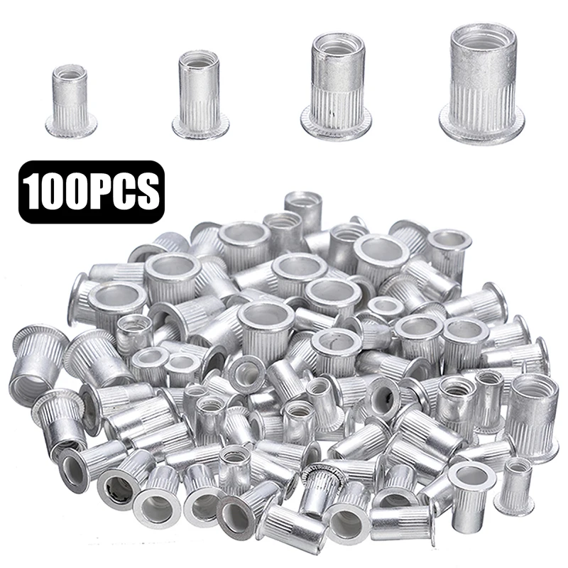 

New Style 100pcs Steel Aluminum Rivet Nuts Kit Threaded Rivet Nut Inserts Nutsert M4 M5 M6 M8 Mixed Kit Set Repairing Tools