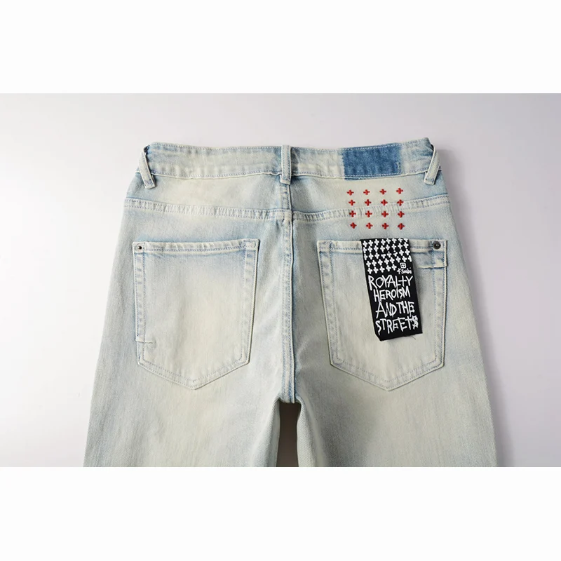 Men's Washed Light Blue Skinny Original Quality Button Fly Ripped Jeans