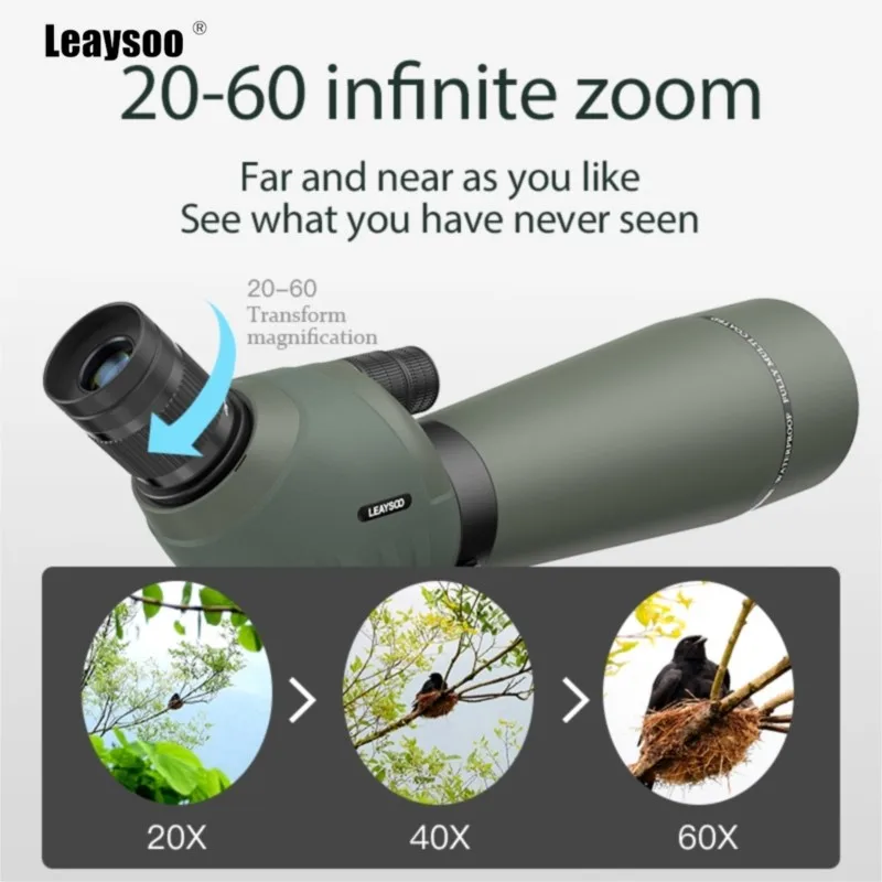LEAYSOO 20X60/80 망원경 고배율 전문가용 IPX7 방수 줌 단안경 HD BAK4 프리즘 단안경 조류 관찰