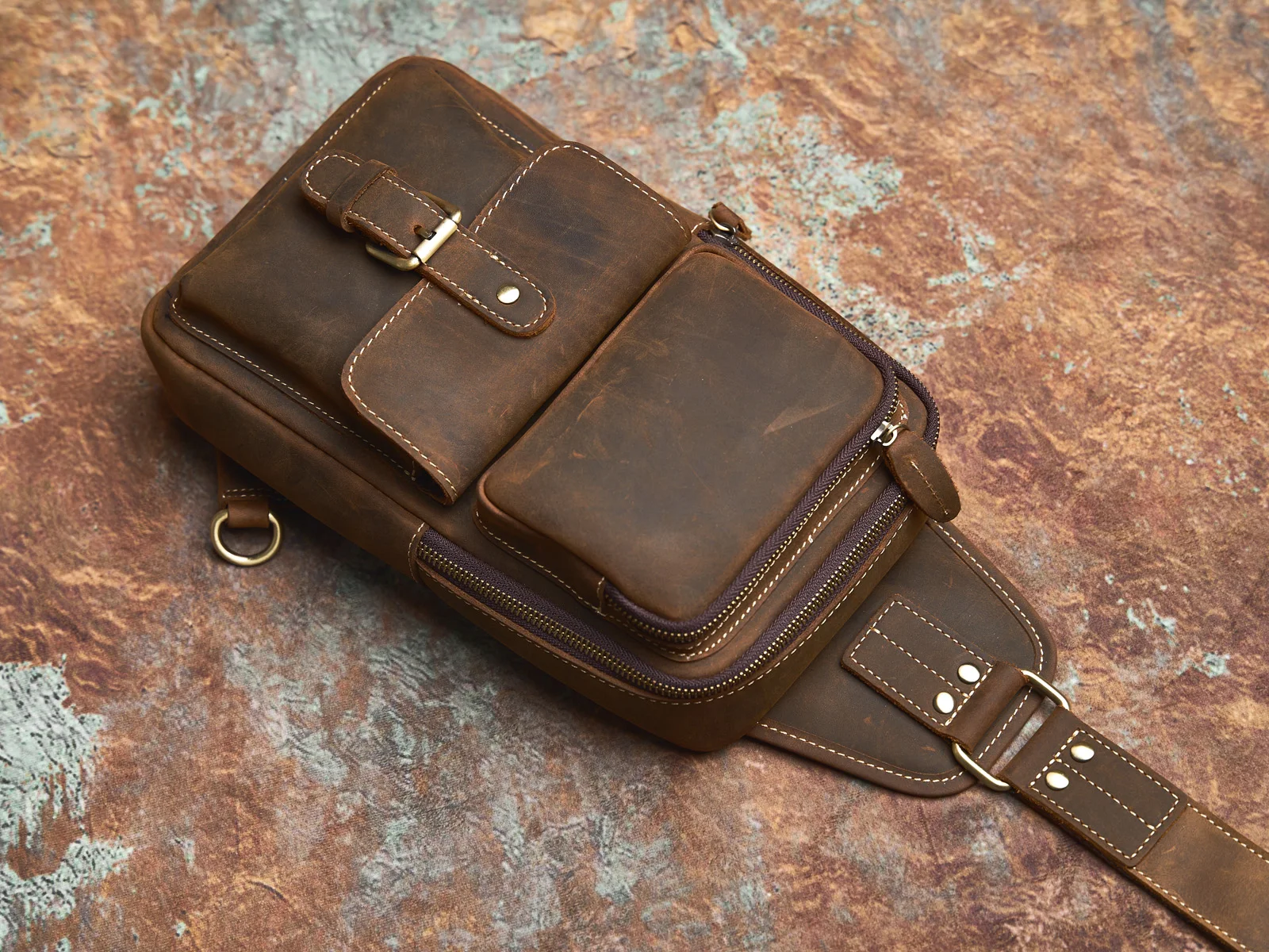 Genuine Leather Mens Sling Bag - Vintage Crossbody Chest Backpack