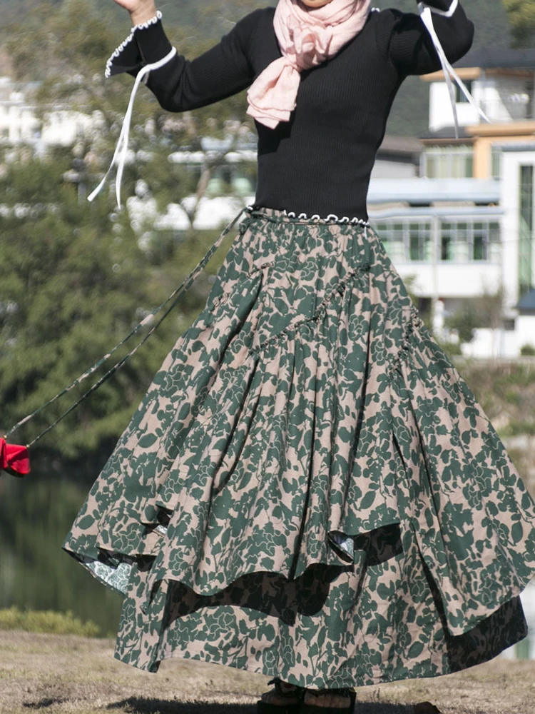 

Vintage Women Medieval Skirt Autumn Winter Retro Cotton Linen Elastic Waist Irregular Hem Ethnic Maxi Long Skirt Flada Mujer