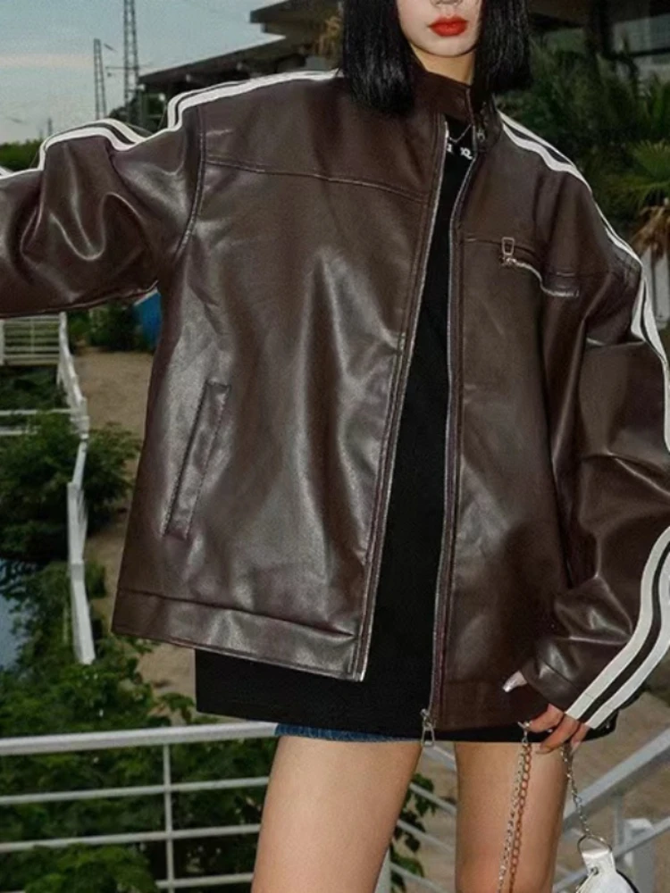 Vintage American Jacket Street Leather Jacket Spring and Fall Short Section Pu Leather Jacket Men and Women Tops Outerwear Women