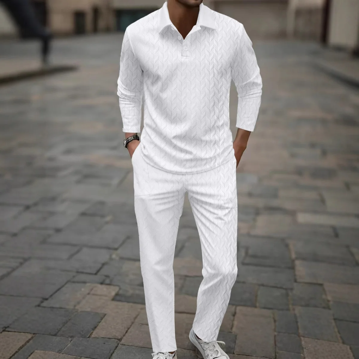 قميص بولو عصري للرجال دافئ في الربيع والخريف لون نقي نمط أذن القمح طقم سراويل طويلة رياضية غير رسمية بأكمام طويلة