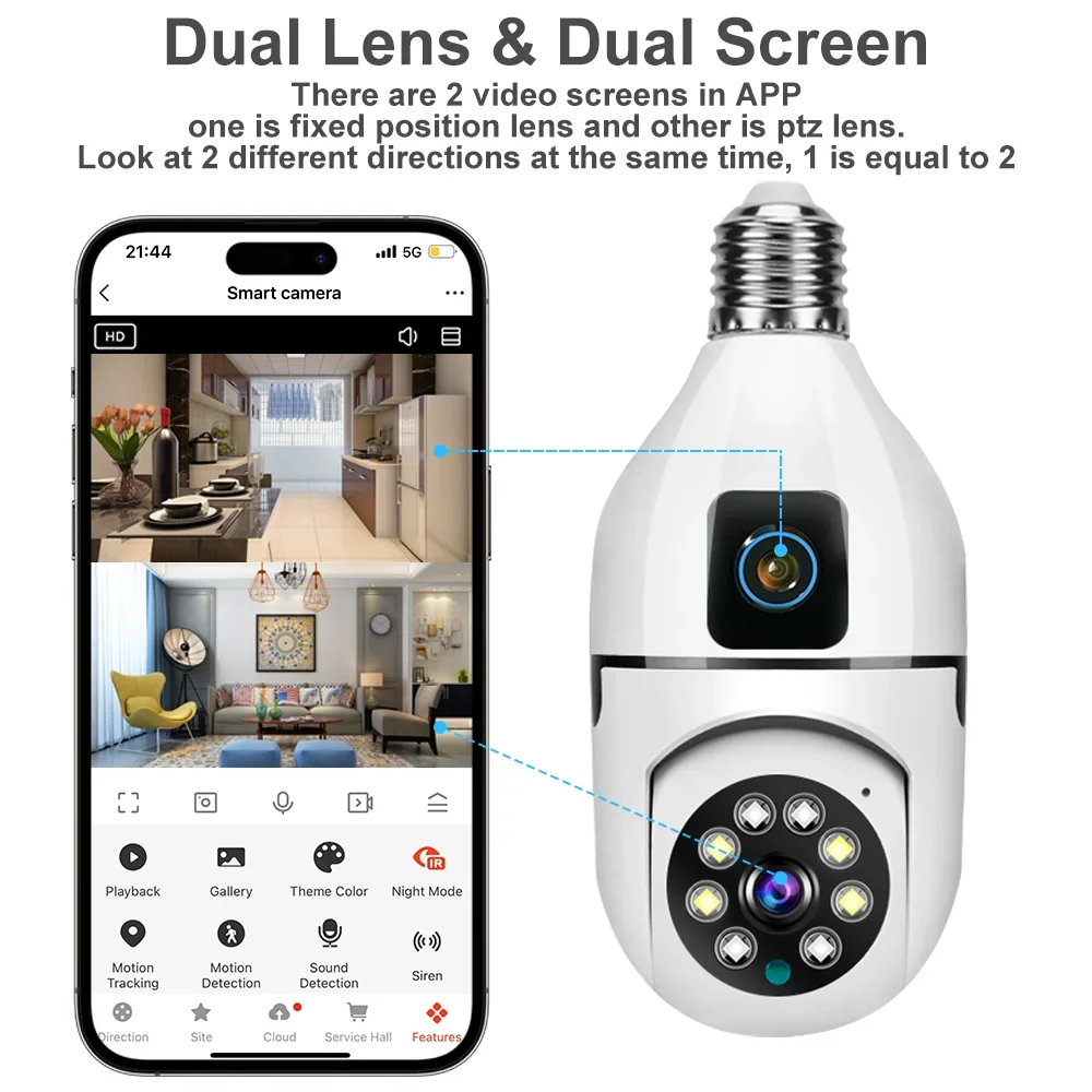 Tuya 6MP E27 Bulb WIFI Camera Dual Lens AI Human Tracking Voice Alarm Two-way Audio Dual Screen Smart Home Surveillance Camera 2