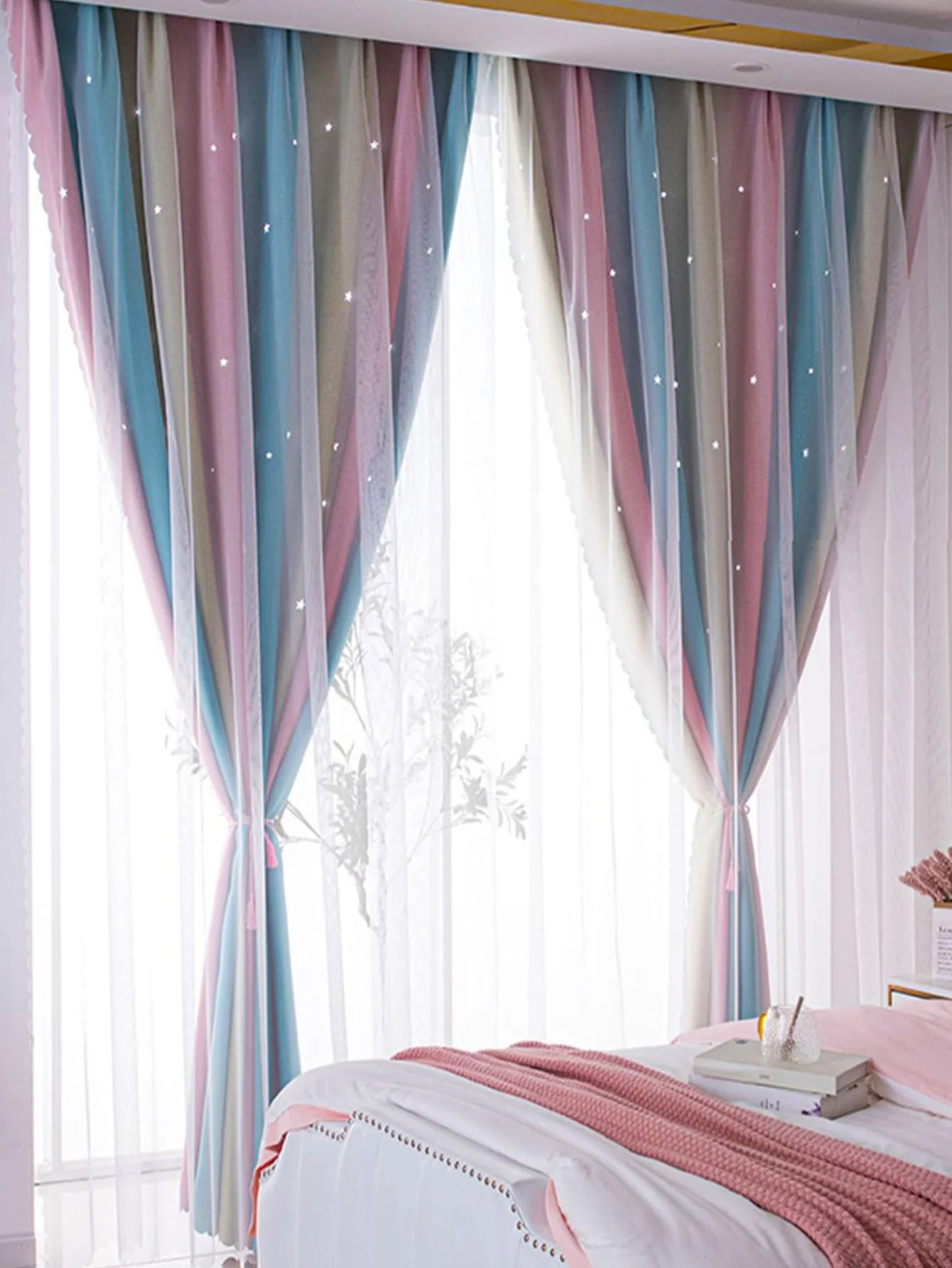 Blue and Pink Star Blackout Curtains for Kids Bedroom with Antique Grommet Top