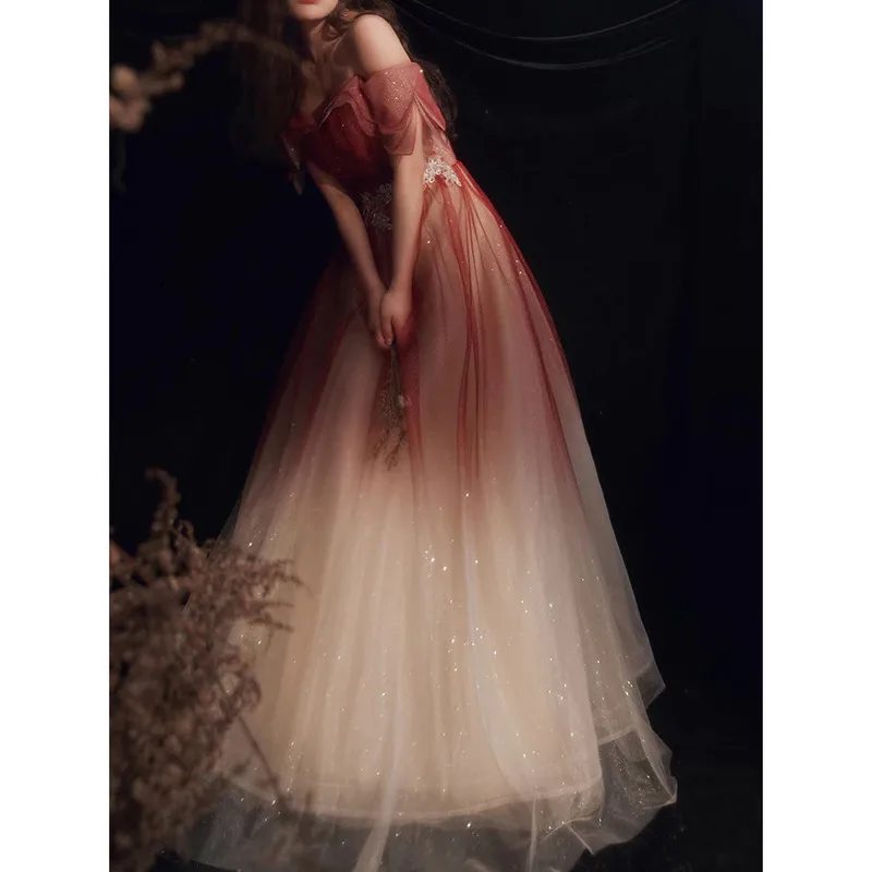 Red One-shoulder Gradient Slim Waist Evening Dress Wedding Party Robe Appliques Design Bling Mesh Pleated Tiered Prom Dresses