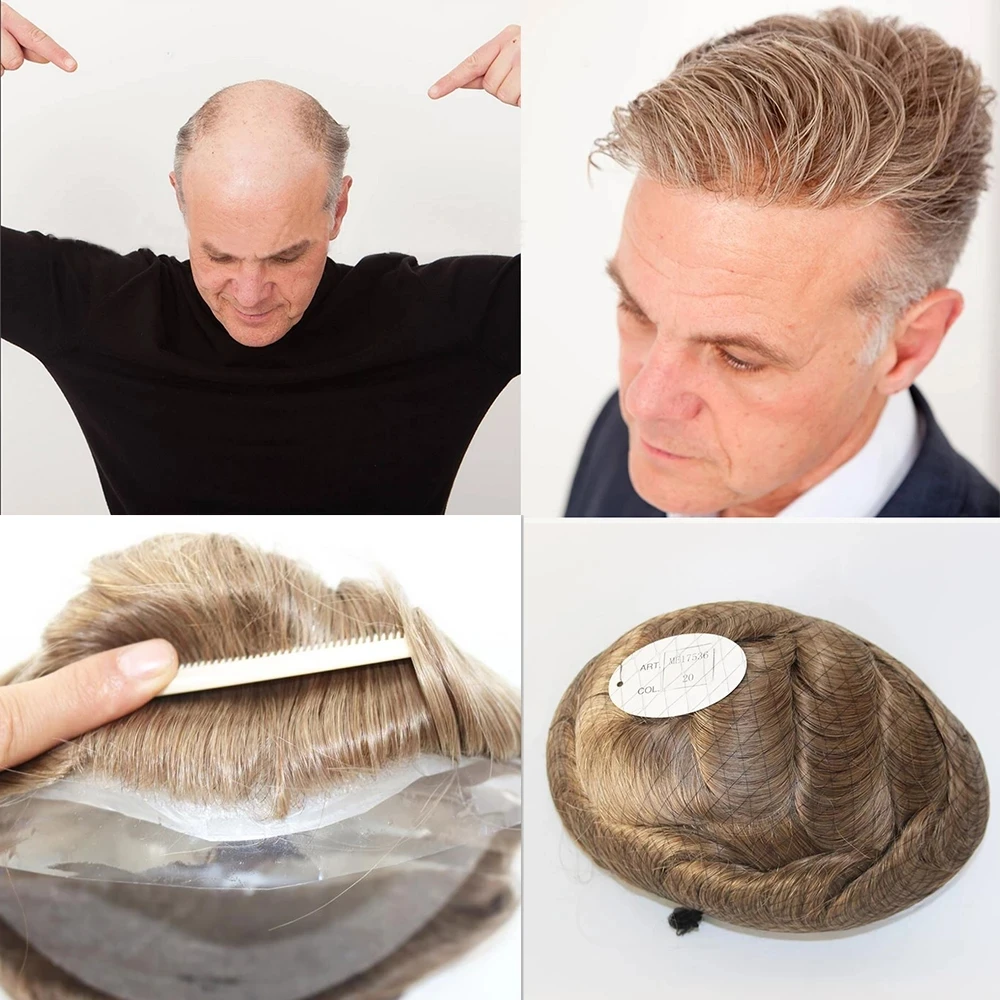 100% Natural Human Hair Men Toupee Wigs Transparent PU Super Durable Thin Skin V-looped Wig Replacement System human hair toupee