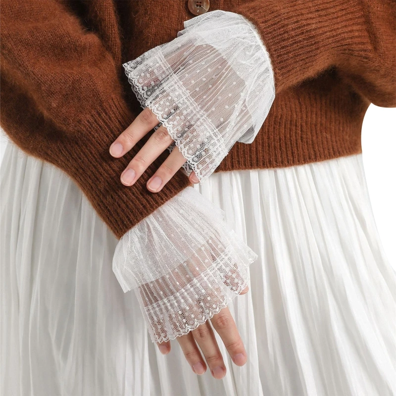 

Removable Shirt Pleated Flare Sleeve False Cuffs Solid Color Pleated Wristband Decorative Women Wedding Dress Accessory