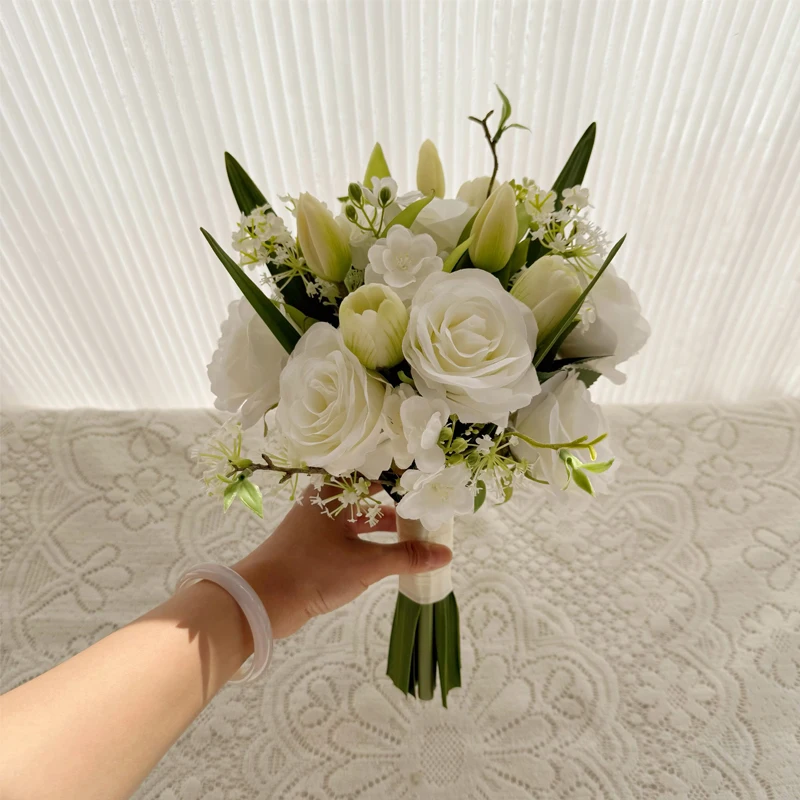 White Rose Artificial Flower Bouquet Korean Sle Fren Bridal Handheld Flower for Wedding Certifie Photoaphy