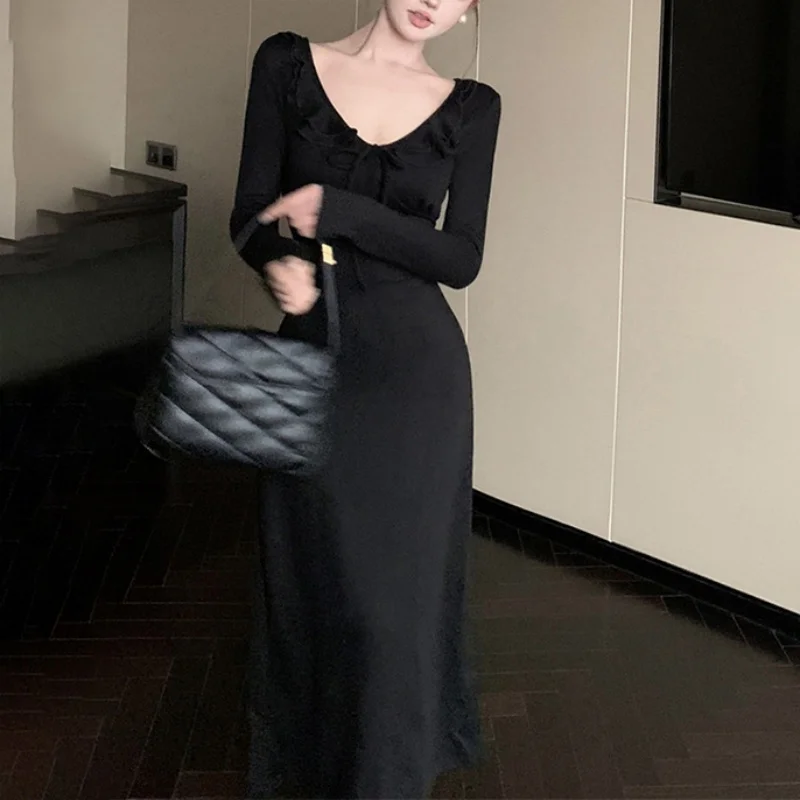 Women Dress y2k Clothes Solid Color Ruffle Tie Up V Neck Long Sleeve Bodycon Long Dresses Party Dresses Streetwear