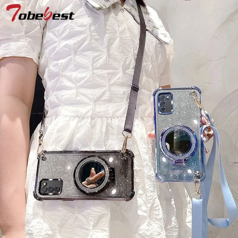 Elegant Crossbody Lanyard Shockproof Plating Phone Case with Mirror Holder