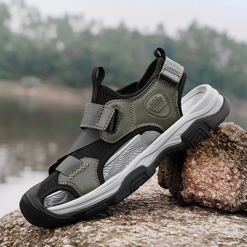 

Босоножки мужские из натуральной кожи, модные спортивные пляжные туфли в стиле милитари, с толстой подошвой, для отдыха, разные модели, на лето