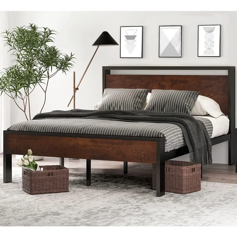 14 Inch Queen Size Metal Platform Bed Frame with Wooden Headboard and Footboard, Mattress Foundation, No Box Spring Needed,