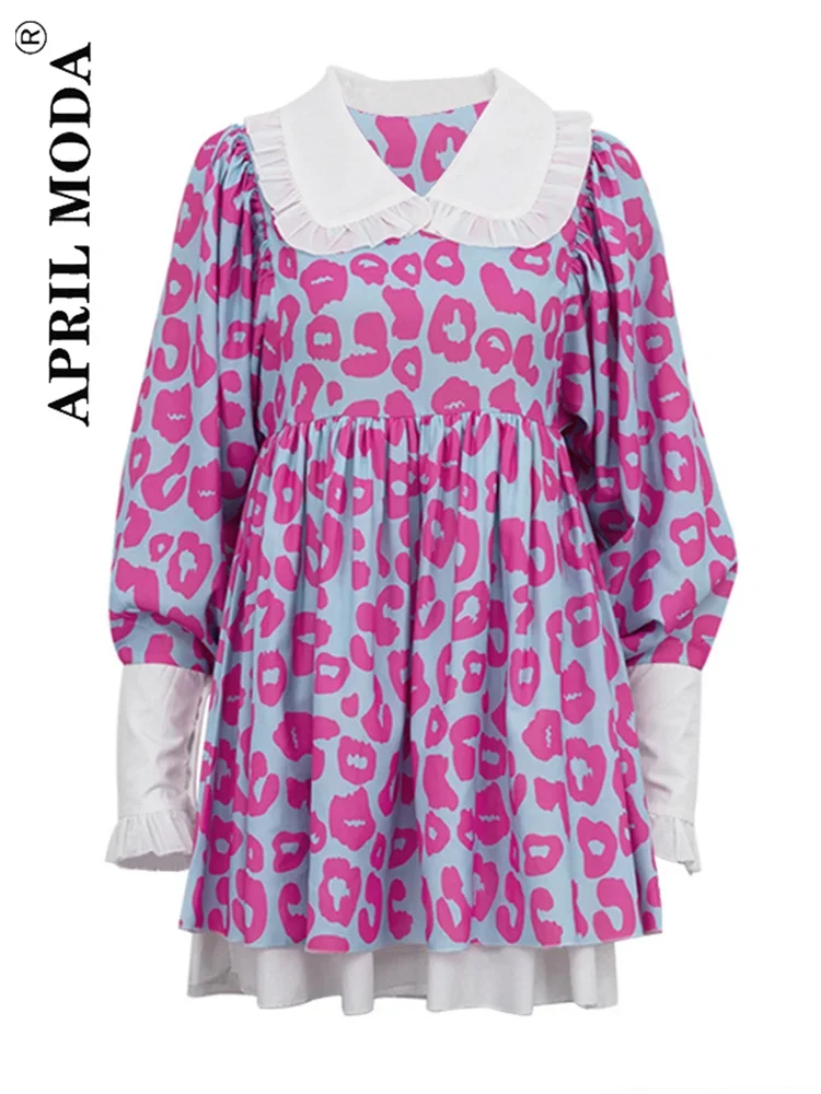 

2023 Fashion Loose Shirt Party Dress French Style Peter Pan Collar Long Sleeve Autumn Leopard Print Runway Cocktail Ladies Dress