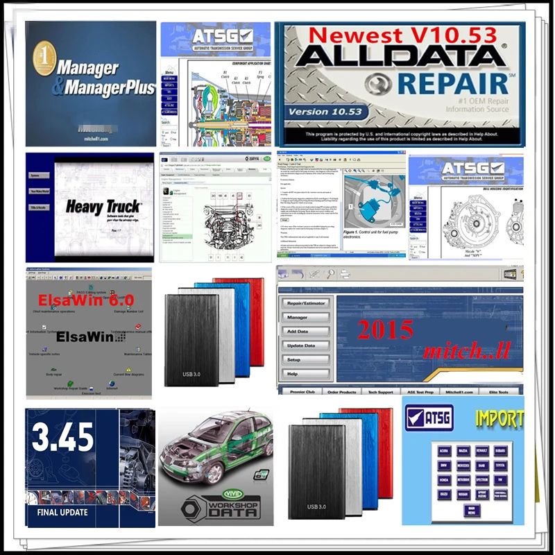 

Newest All data Repiair Software Alldata 10.53 ,Mitch..ell 2015,Elsawin6.0,auto-data 3.45,Vivid workshop data,Atsg 24 in 1TB HDD