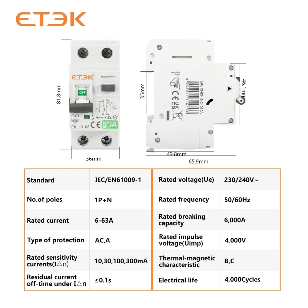 Circuit Breaker ETEK Residual Automatic Circuit Breaker A Type C Curver 30mA 40A 1p+N 2p with Over Current Leakage Protection 6KA RCD EKL13