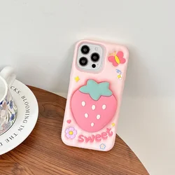 Charming 3D Strawberry Stand Drop - Proof Silicone Phone Case - iPhone 13 Pro (Pink)