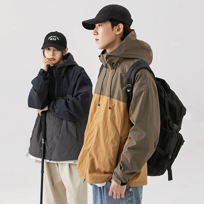 High Quality Men Spring Jacket Patchwork Hooded Zip Windbreaker Lightweight Coat Outdoor Windproof Loose Fashion Couple Clothing