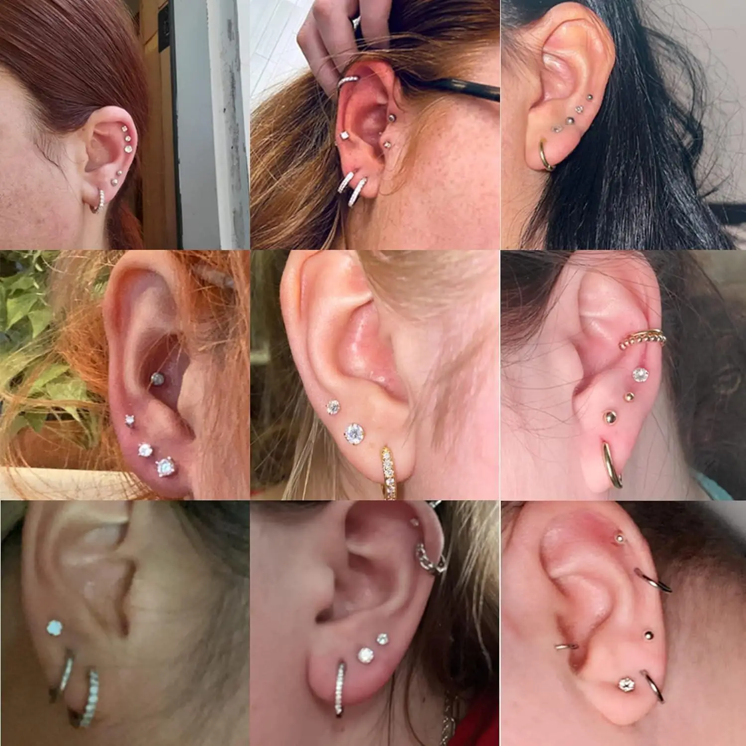 Fansilver 14K 골드 스터드 귀걸이 세트,  스터드 귀걸이, 다중 피어싱, 저알레르기, 작은 후프 스터드 귀걸이