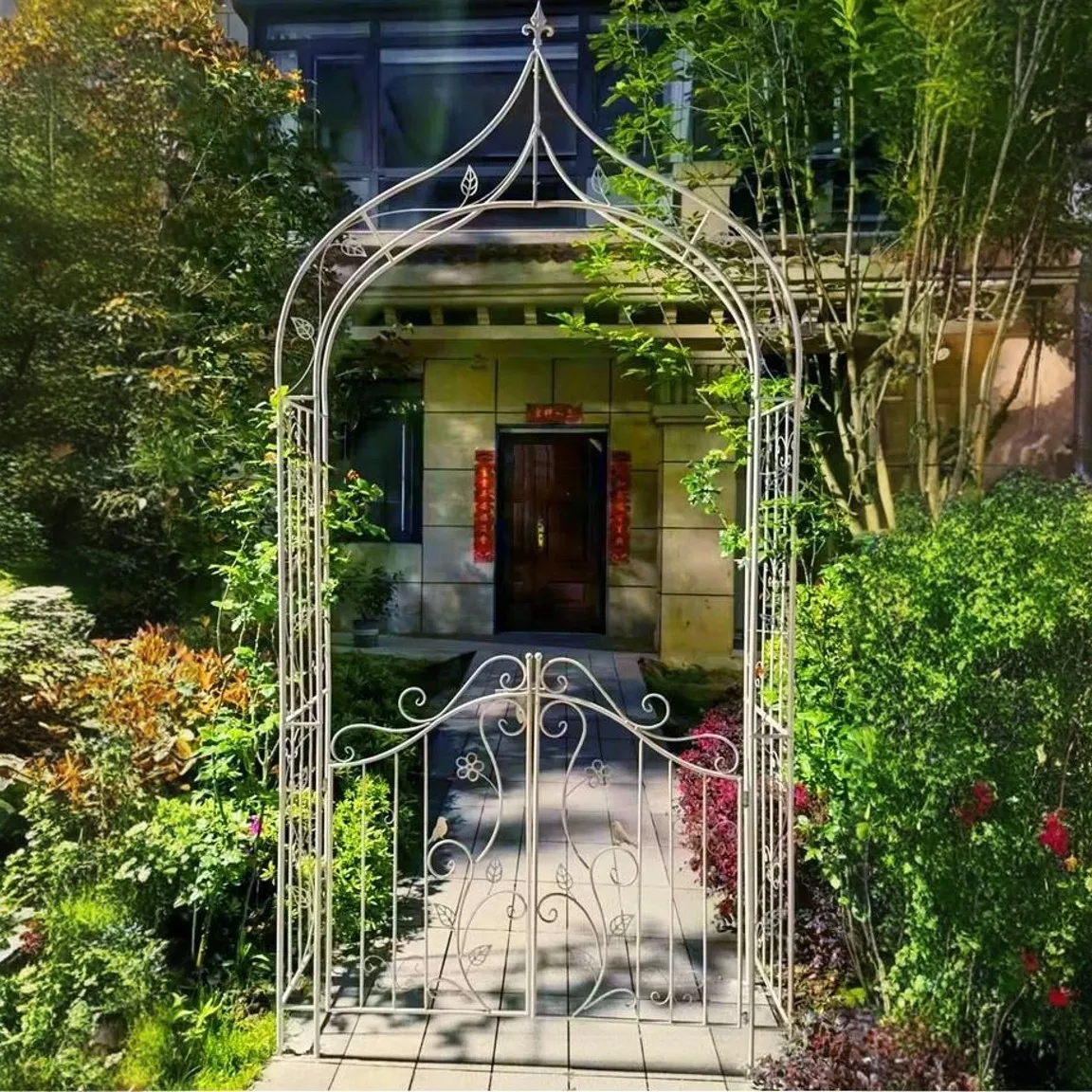 Metal Garden Arch Arbor With Gate for Various Climbing Plant in Outdoor Garden Lawn Backyard