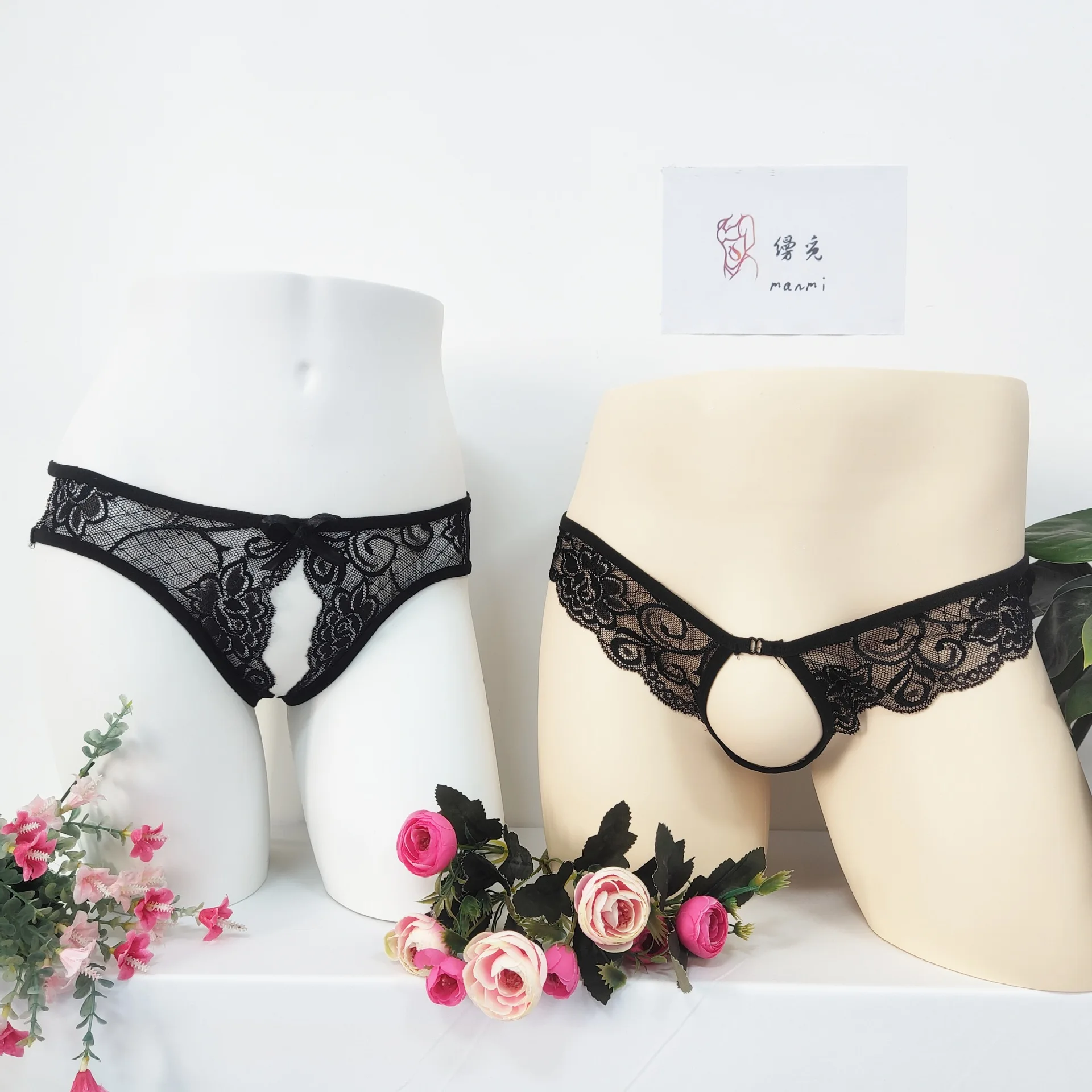 Couple erotic lingerie, men's transparent open crotch underwear, women's sexy lace thong, comfortable trousers, erotic lingerie