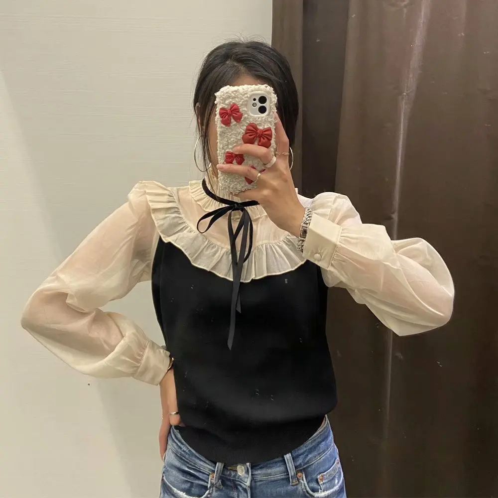 

2022 Spring Fall Chic Girls Sweaters Women Sweet Ruffled Patchwork Knitted Sweater Long Sleeve Female Pullovers Streetwear