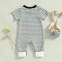 2023-02-22 Lioraitiin 0-18M Newborn Baby Boys Summer Jumpsuit Round Neck Contrast Color Short Sleeve Striped Romper 3