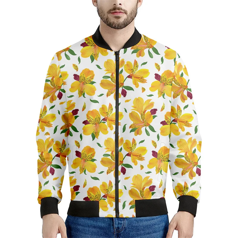 thumbnail image 1 of Chaqueta con cremallera con estampado de flores de narciso y lirio para hombre, sudadera informal de manga larga con estampado 3D de plantas, abrigo de calle, chaquetas holgadas, 1 of 5