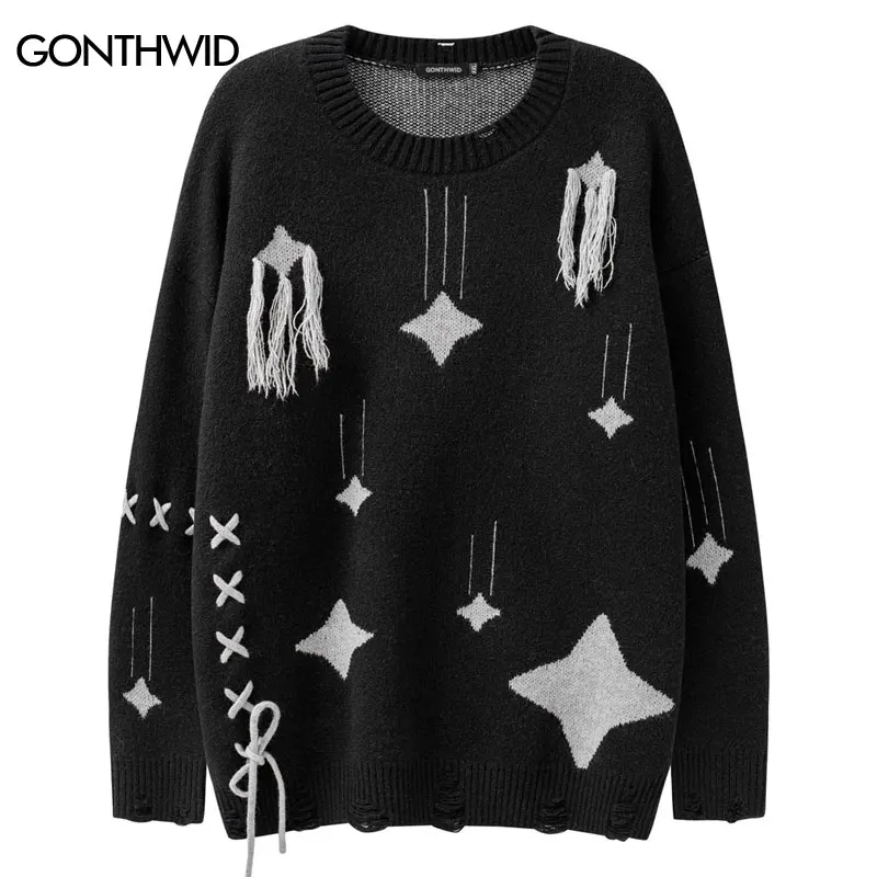 

Hip Hop Sweater Harajuku Knitted Star Distressed Ripped Holes Jumper Streetwear 2023 Fashion Loose Punk Goth Pullover Sweaters