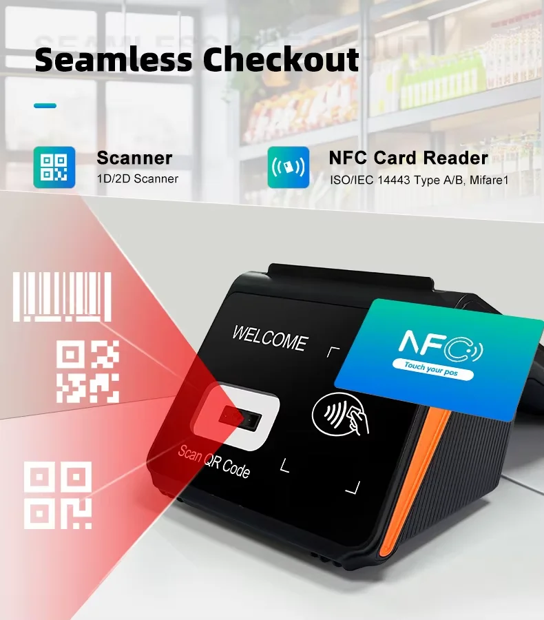 Desktop 8 inch Android 12 POS Terminal with 58/80mm Printer, 3G+16G Memory 4G WIFI BT Mobile POS, NFC 2D Scanner Cash Register