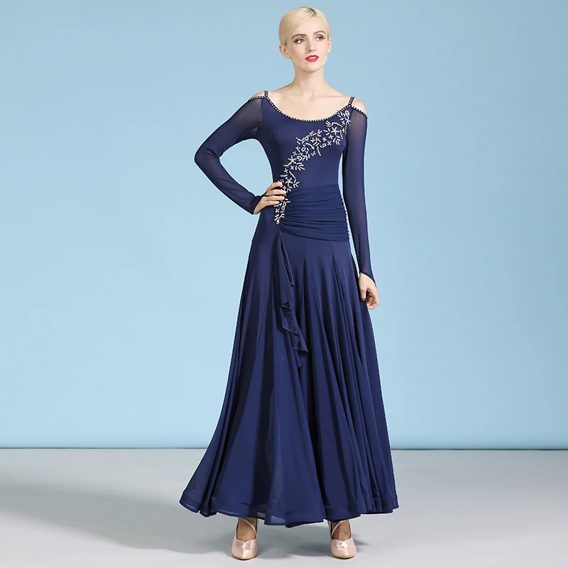 

Современное платье Waltz для танцев Quickstep, платье, костюм для бальных танцев с вышивкой, платье на бретельках с длинным рукавом