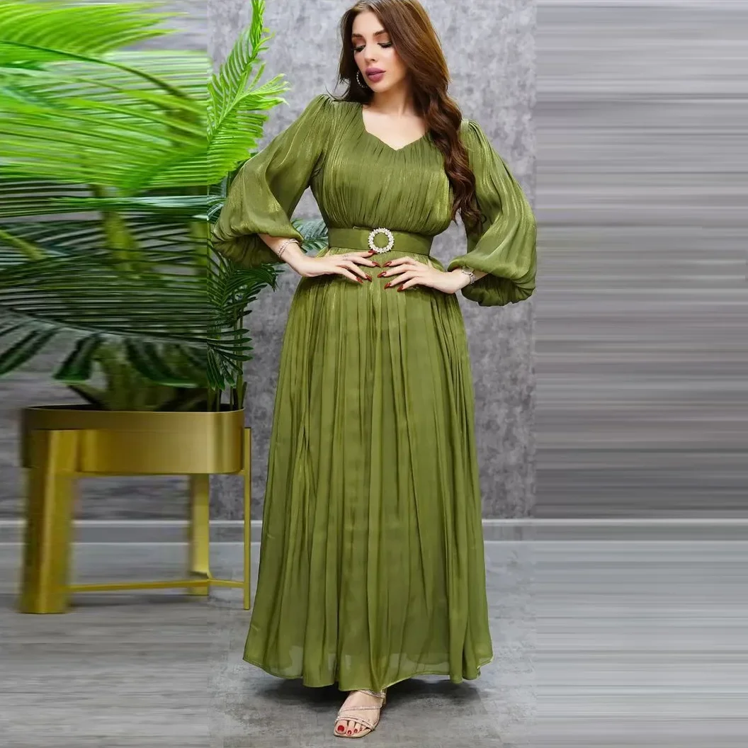 Muslim Silky Satin Abaya Derss for Women Modest Puff Sleeve Morocco Pleated Party Long Dresses Caftan Dubai Evening Robe Abayas