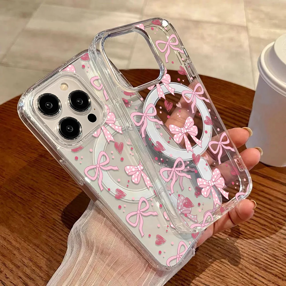 Elegant Pink Bow Transparent Phone Case - Shockproof & Protective Cover with Wireless Charging Compatibility