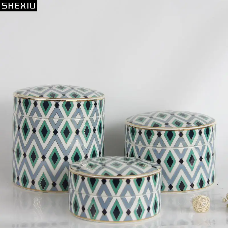 

Painted Geometric Texture Ceramic Storage Jar with Lids Tea Canister Porcelain Tea Caddy Candy Pots Cereal Jars Desk Decoration