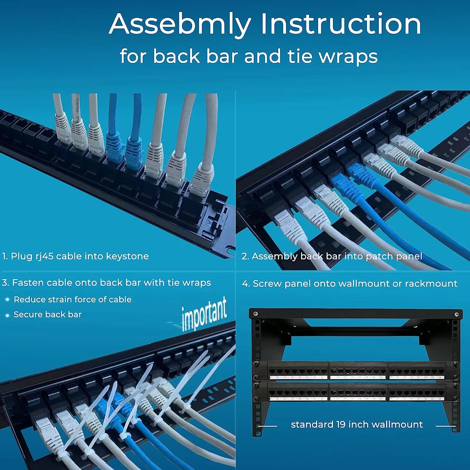ZoeRax 패치 패널, 24 포트 Cat6 Cat6a Cat7, 인라인 키스톤 10G, RJ45 커플러 패치 패널, 탈착식 백 바 포함, 19 인치