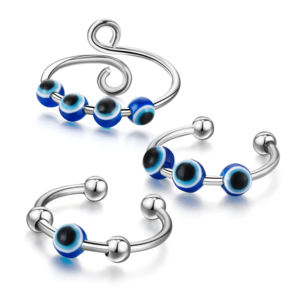 

Stainless Steel Blue Evil Eye Finger Rings For Women Gift Rotary Decompression And Anti-anxiety Turkish Lucky Eye Open Ring