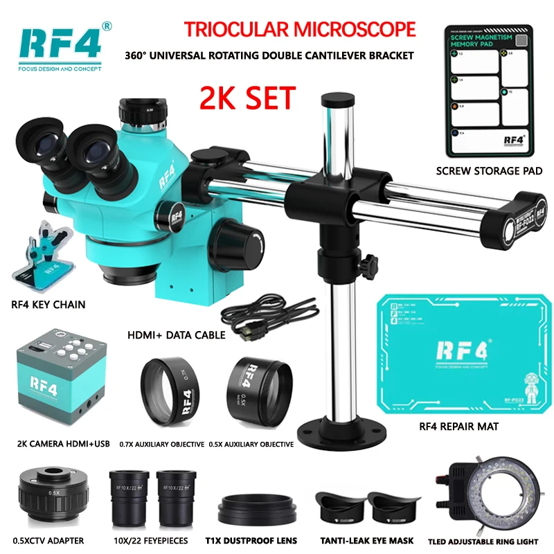 RF4 더블 붐 줌 Simul Focal Trincular 스테레오 현미경 1080P 4K HDMI USB 현미경 카메라 전화 PCB 수리 도구