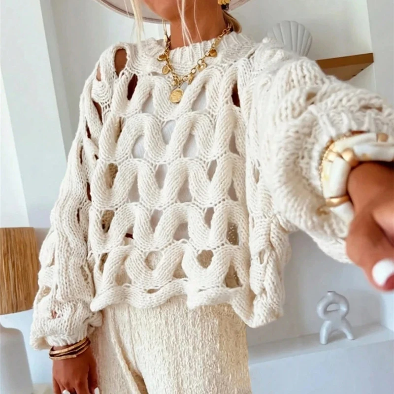 Sexy Hollow Out Long Sleeved Knitted Sweater Summer Beach O-neck Crochet Pullover Casual Solid Color Women's Loose Top Blouses 3