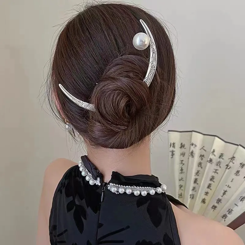Woman Silver Metal Big Pearl Half-moon Hairpin Simplicity Hairclips Lady Retro U Shape Hairpin Ladies Hair Accessories Headwear magic notebook 288pages simplicity blank retro originality the book of answers daily plan to do list office