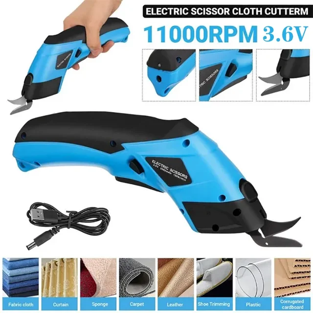 3.6V Cordless Electric Scissors Rechargeable Sewing Shear with 2 Blades  Cutter Fabric Cloth Carpet Plastic Leather Cutting Tool