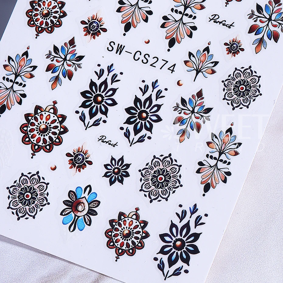 2pcs Bohemian Nail Stickers Black Brown Retro Embroidery Boho Style Flower Design Adhesive Nail Decals DIY Manicure Slider Decor