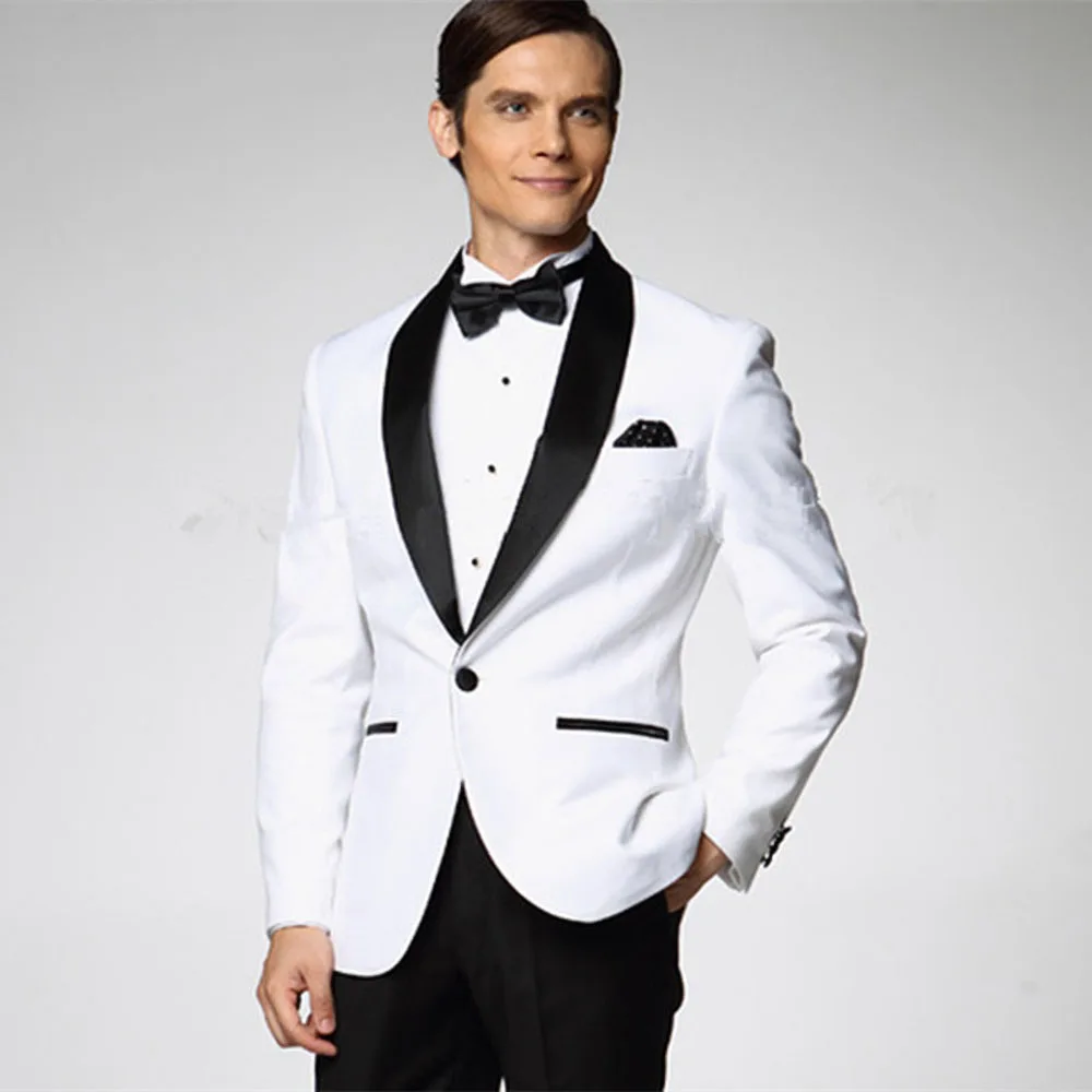 

Fashion White Jacket With Black Satin Lapel Groom Tuxedos Groomsmen Best Man Suit Mens Wedding Suits Jacket+Pants+Bow Tie+Girdle