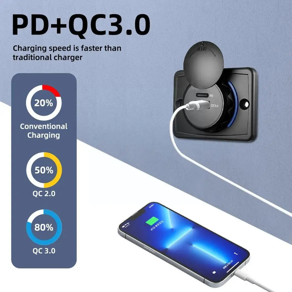 Quick Charge 3.0 Dual USB & PD Type-C Charger Socket Socket Car 12V/24V Adapter Fast Charger USB Waterproof Outlet Charger X9F4