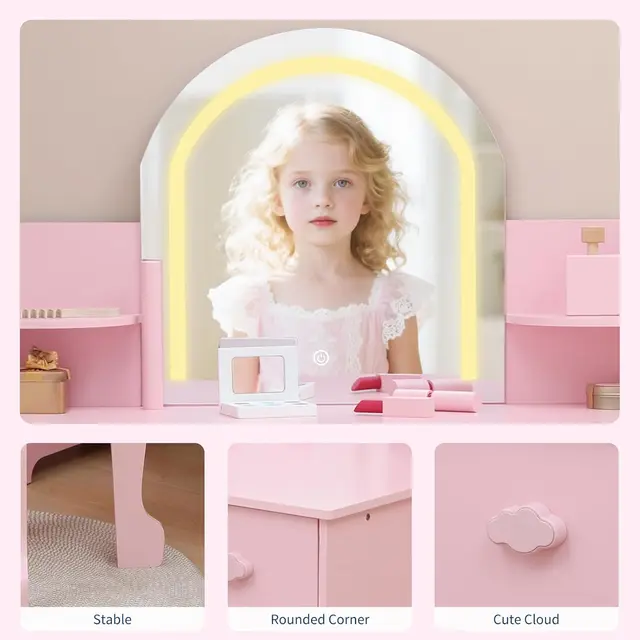Kids Vanity Table and Chair Set Girls Dressing Table with Storage Shelves & Drawer Wooden Makeup Desk for Playroom Bedroom