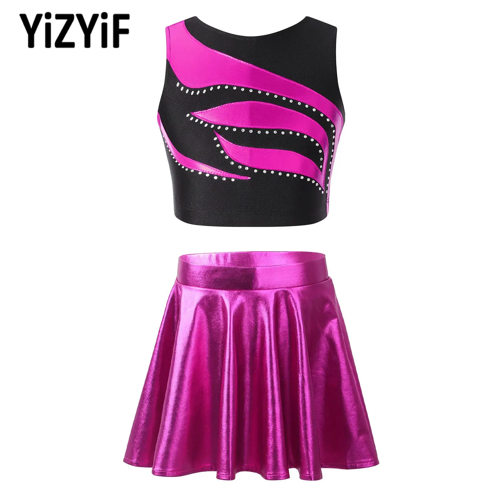 

Kids Girls Sport Suit Dance Outfit Sleeveless Shiny Rhinestone Crop Top with Glossy Metallic Flared Ruffled A-Line Skort Skirt