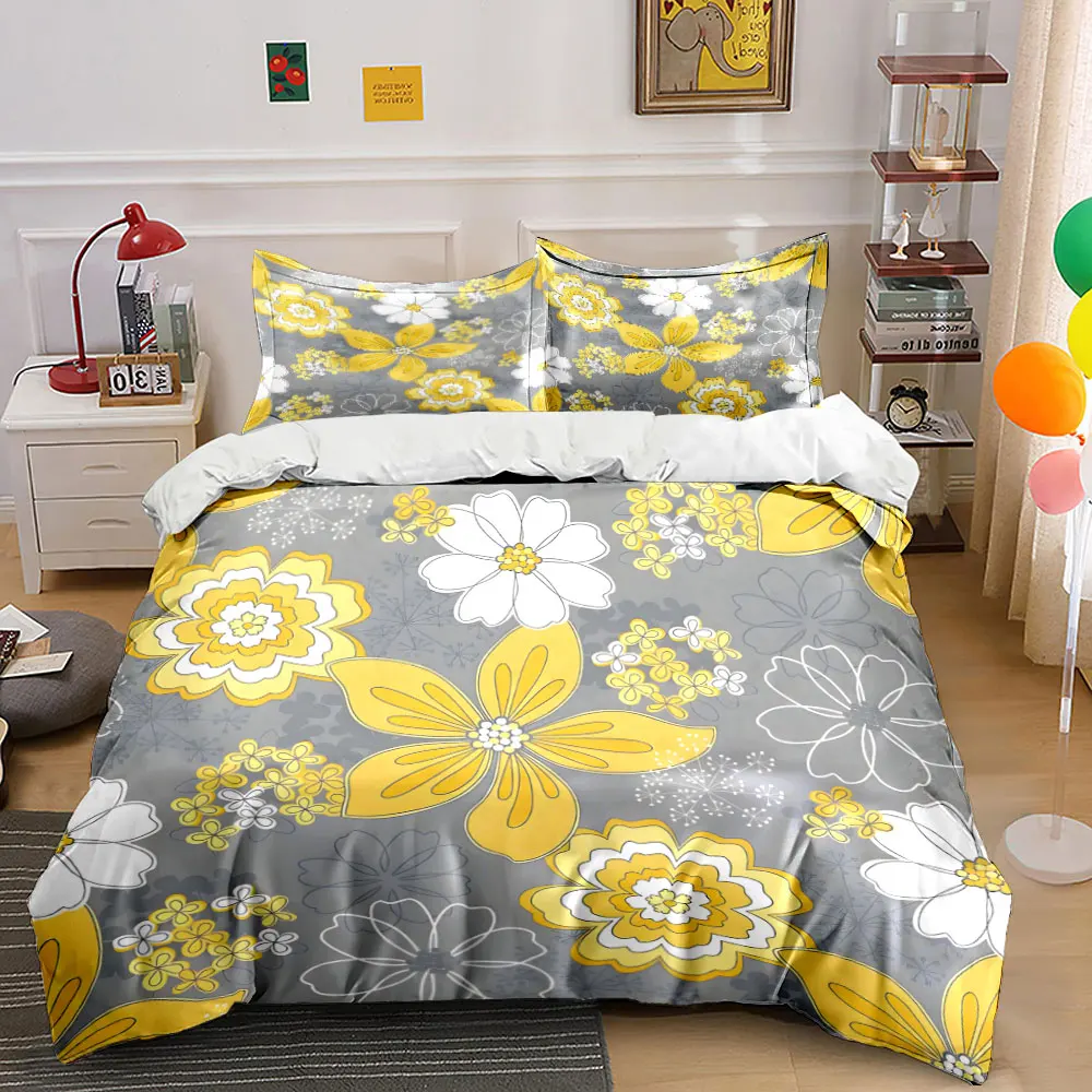 Yellow White Floral Seamless Bedding Set,Minimalist Grey Background Flower Print 1 Duvet Cover 2 Pillowcase,Soft Microfiber 3PC 1